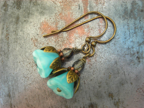 The Cutest Baby Blue Flower Earrings, Czech glass, fire polished beads, antiqued brass and copper petals, delicate floral earrings