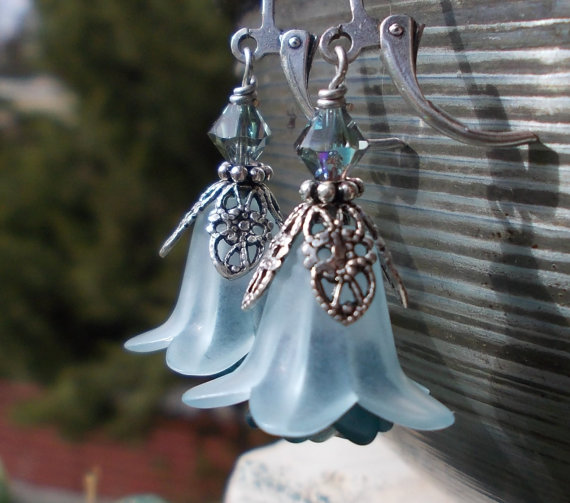 Light blue and silver flower earrings, petal filigree bell florals in teal delicate pale ice blue black diamond on leverbacks lucite