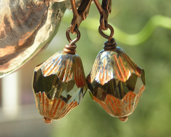 Beaded earrings, Antiqued copper and Czech glass beads, rustic vintage shabby chic, on leverback ear wires, small dangles
